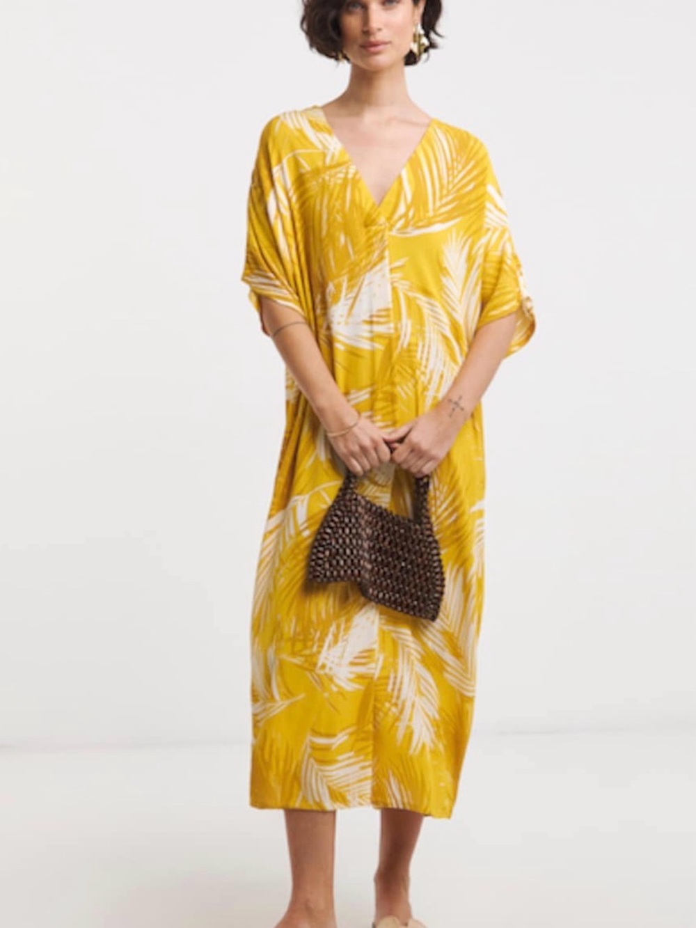 Fred David Yellow Palm print midi dress in size medium